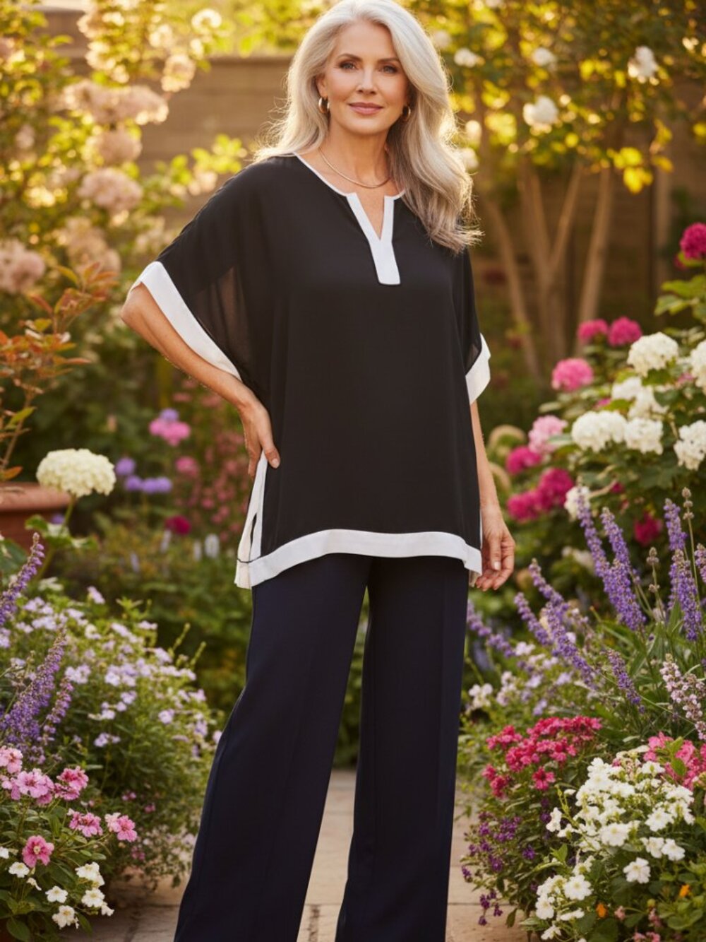 Nygård Black & White Colour-Block Blouse XL/1X | Batwing Dolman Split V-Neck